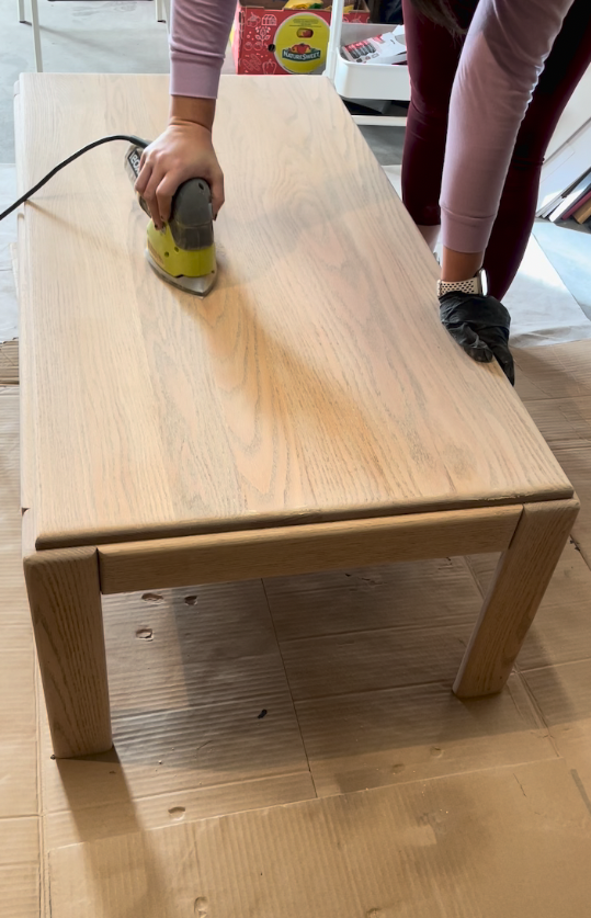 ~ in progress ~ after the top coat was stripped off, I cleaned off all the residue with mineral spirits and gave it a full sanding with 120 grit, then 220.