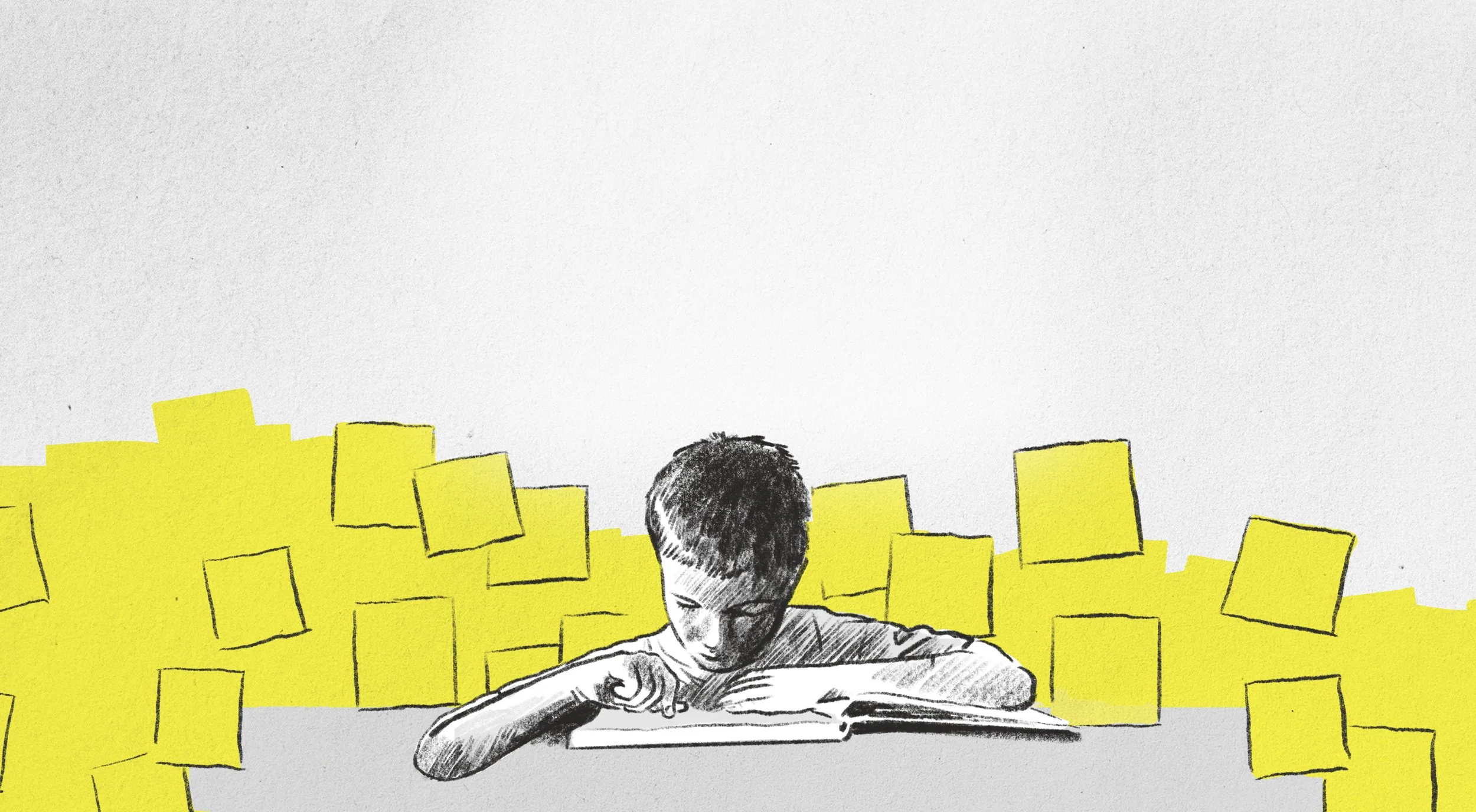 Sold a Story podcast logo, a child with yellow post it backgrounds layered, reading by pointing toa. book
