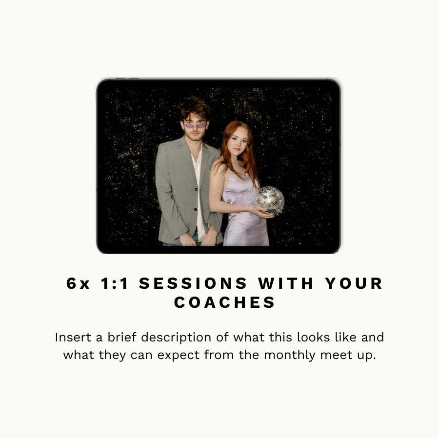 A man and a woman standing together in front of a dark background with gold specks, with the woman holding a disco ball. The man is dressed in a gray blazer and white shirt, and the woman is in a light purple dress.