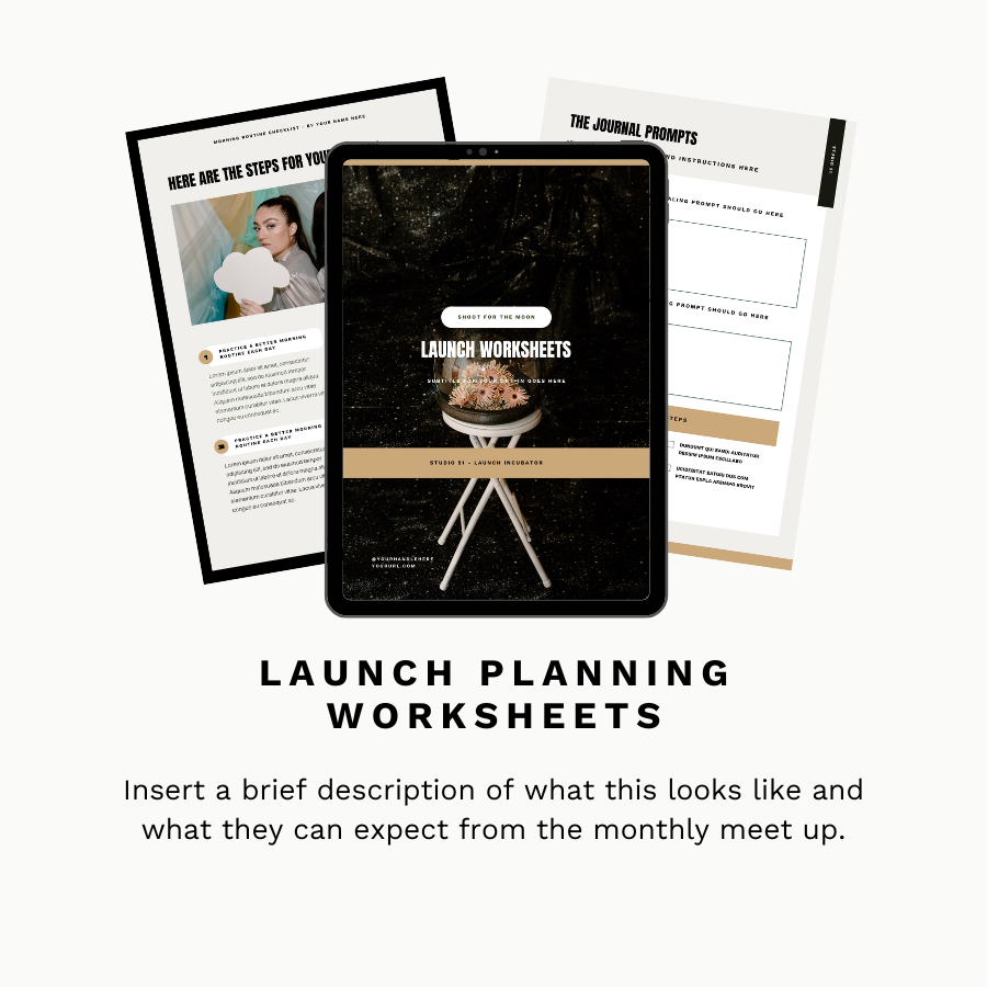 A digital screen displaying launch worksheets surrounded by printed materials for planning a launch, with a starry background and a flowerpot on a stand.
