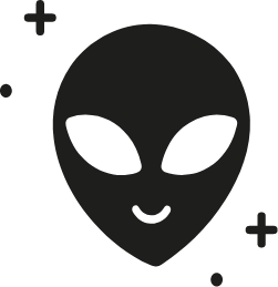 Stylized black alien face with large eyes and small mouth, surrounded by small decorative stars on a black background.