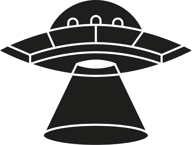 Simplified black and white illustration of a UFO emitting a beam of light