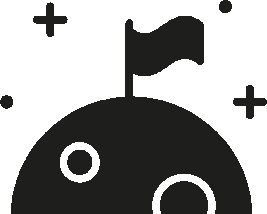 A black and white illustration of a small planet or moon with a flag planted on its surface, and additional decorative elements like a plus sign and small circles.