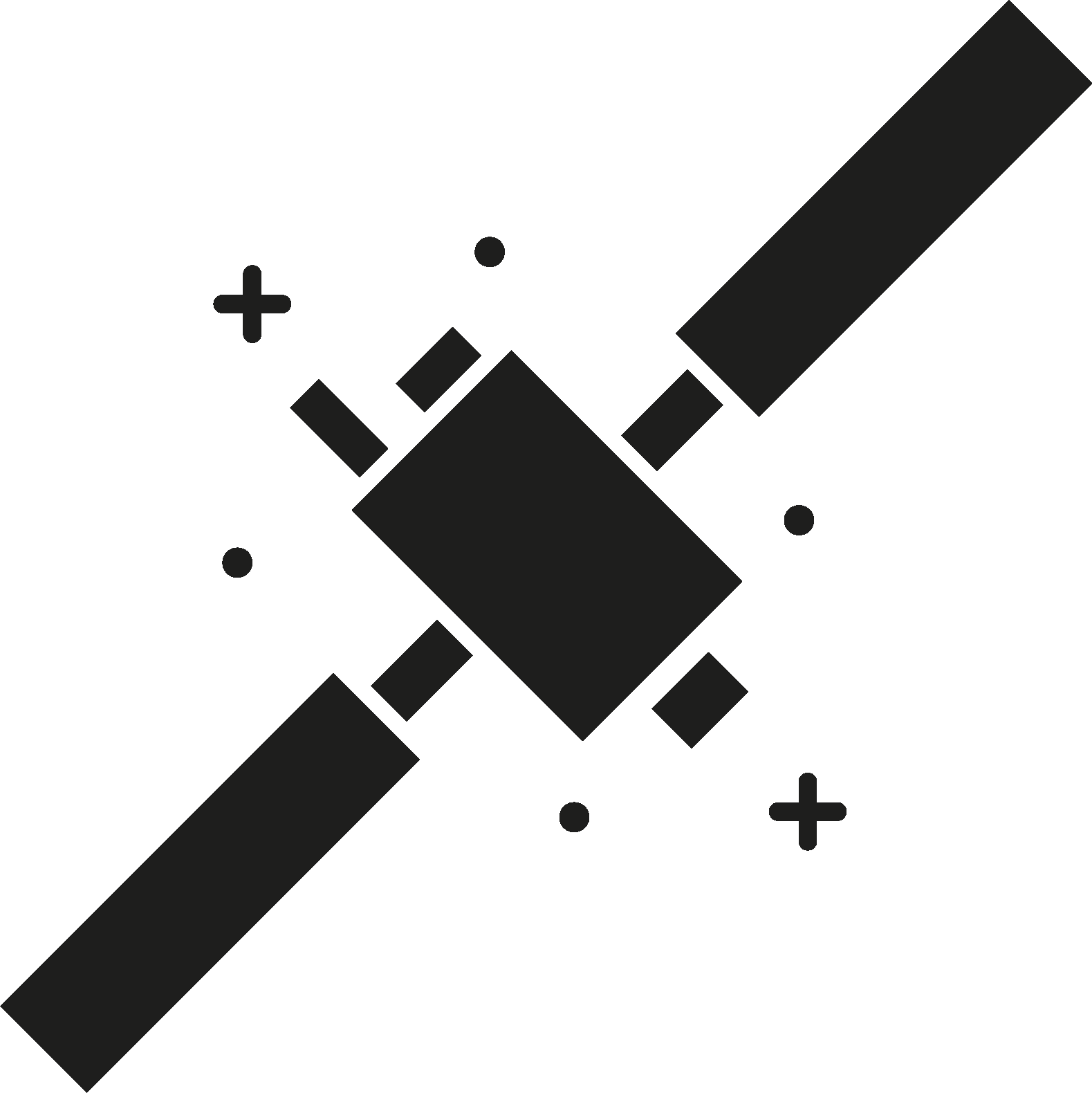 Silhouette of a satellite orbiting a celestial body with surrounding stars and planets