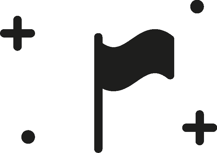 A black flag on a pole with a waving banner, surrounded by small plus signs and dots, on a black background.