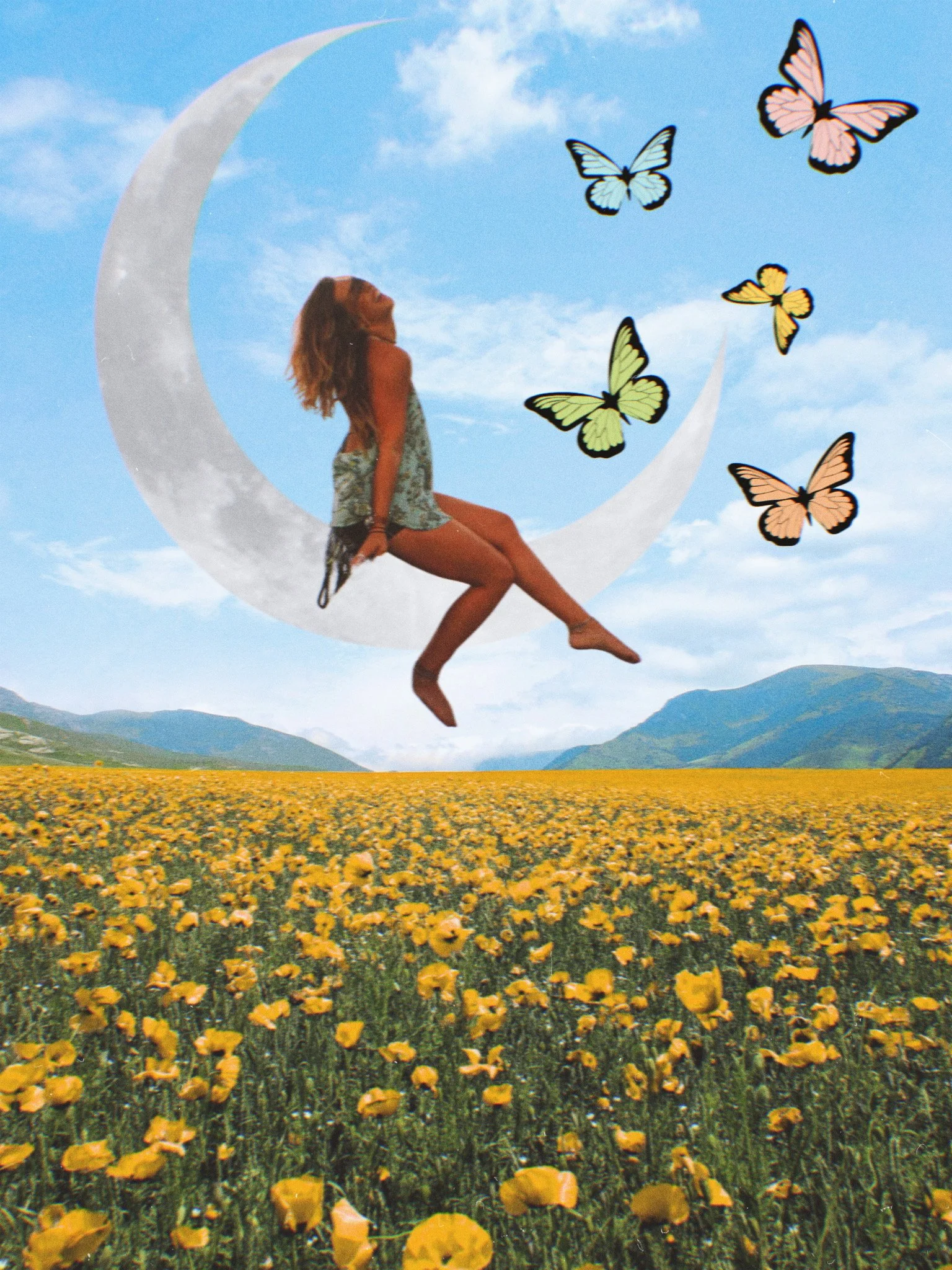 A woman sitting on a large crescent moon during daytime, with a field of yellow flowers and mountains in the background. Butterflies fly around her against a blue sky with clouds.