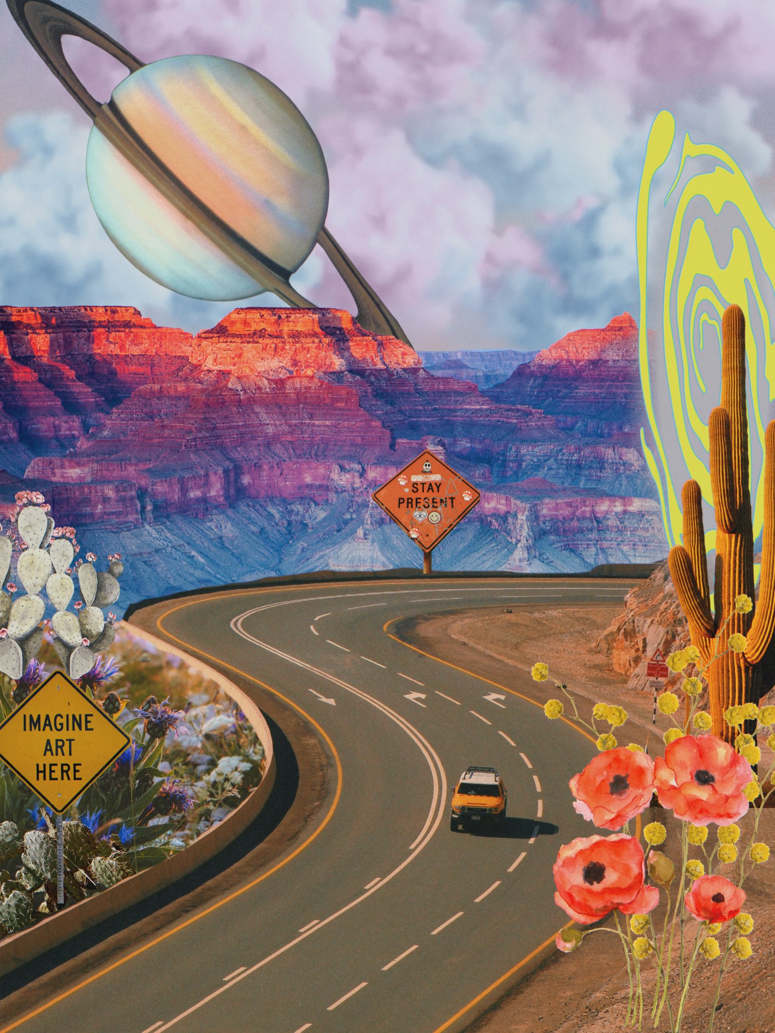 A surreal road scene with desert plants like cactus and poppies, a winding road, colorful Grand Canyon background, and a large planet with rings in the sky, along with signs that say 'Imagination Art Here' and 'Stay Present'.