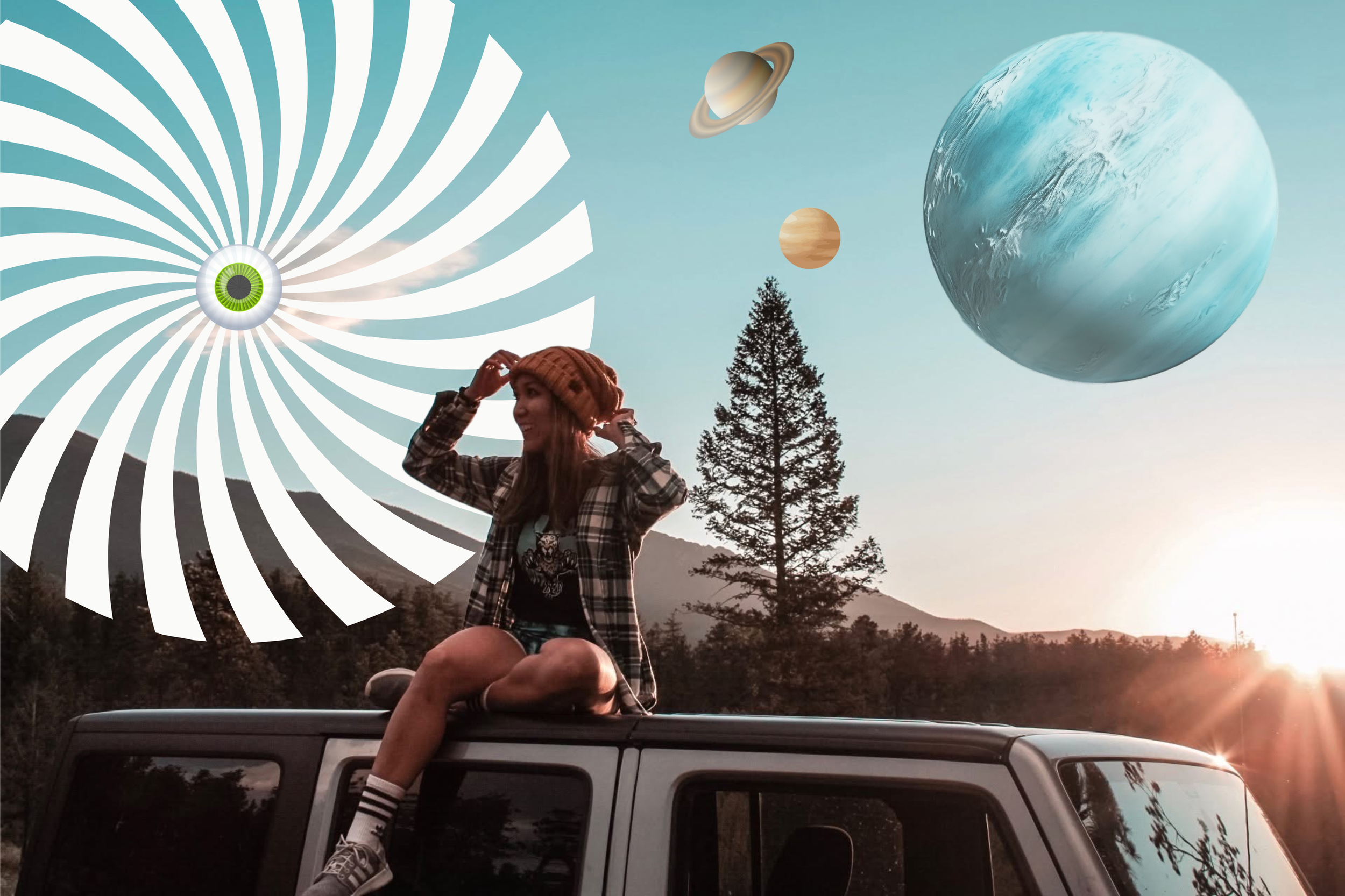 A woman with a plaid shirt and knitted hat sitting on a vehicle's roof, smiling, with the sky and trees in the background and planets in the sky, including a large blue planet and Saturn, during sunset.