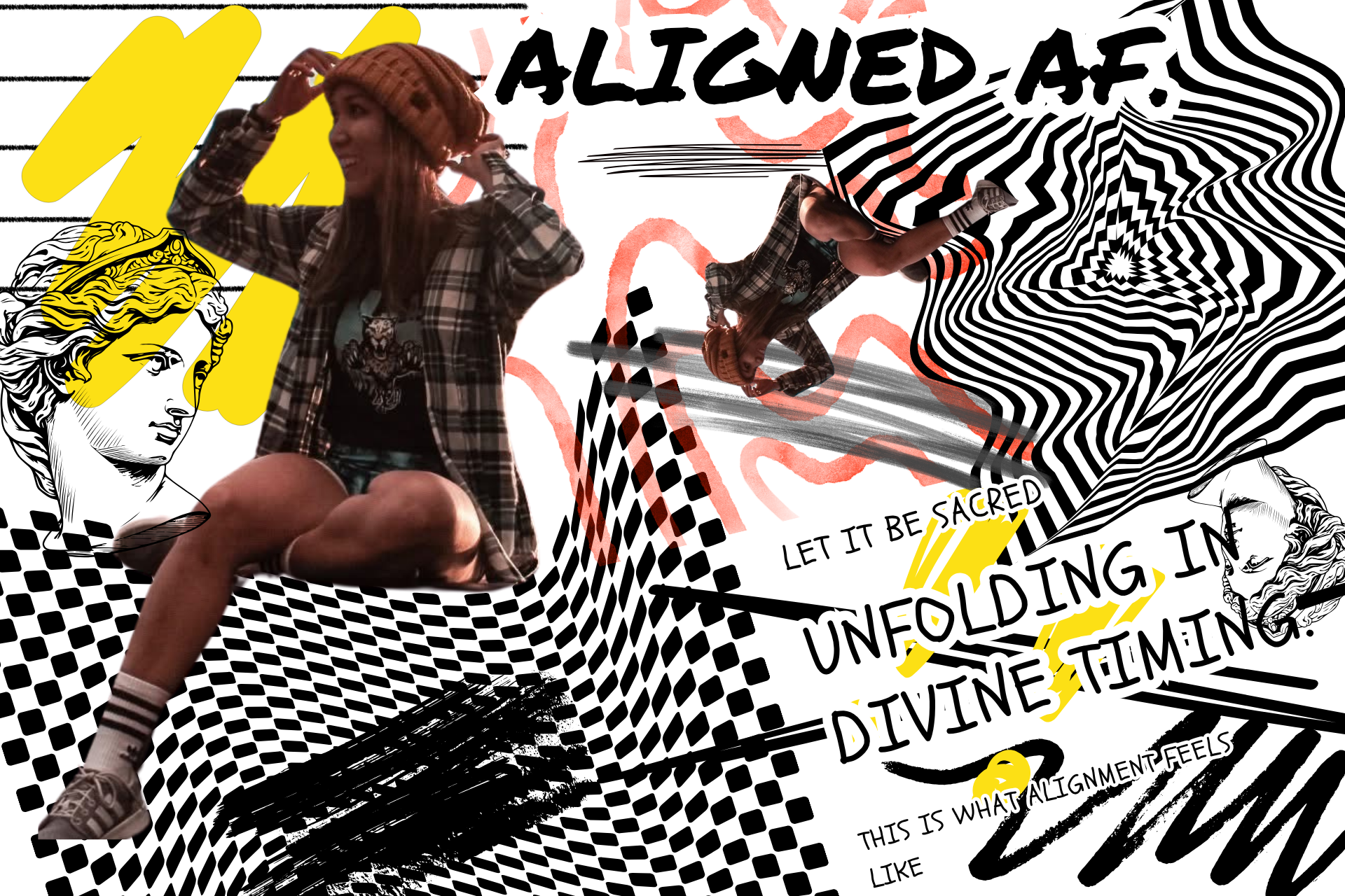 A collage featuring a young woman in casual attire, wearing a plaid shirt, shorts, and a beanie, sitting in a crouched position. The background is filled with black and white comic-style illustrations of a woman's face, abstract patterns, and bold text that reads "ALIGNED- AF," "LET IT BE SACRED," and "UNFOLDING IN DIVINE TIMING." The collage includes yellow accents and various abstract graphic elements, creating a dynamic and artistic composition.