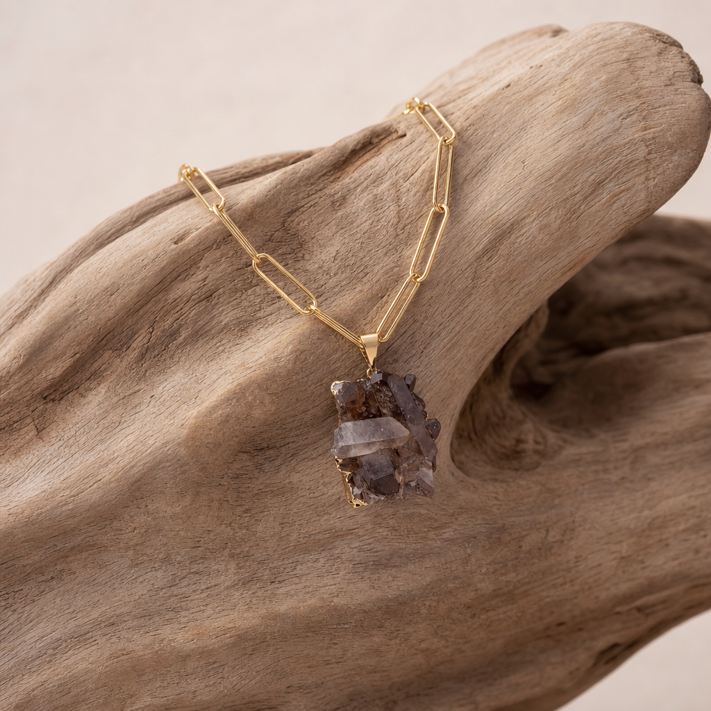 Smoky Quartz Cluster Crystal Grounding Pendant Necklace