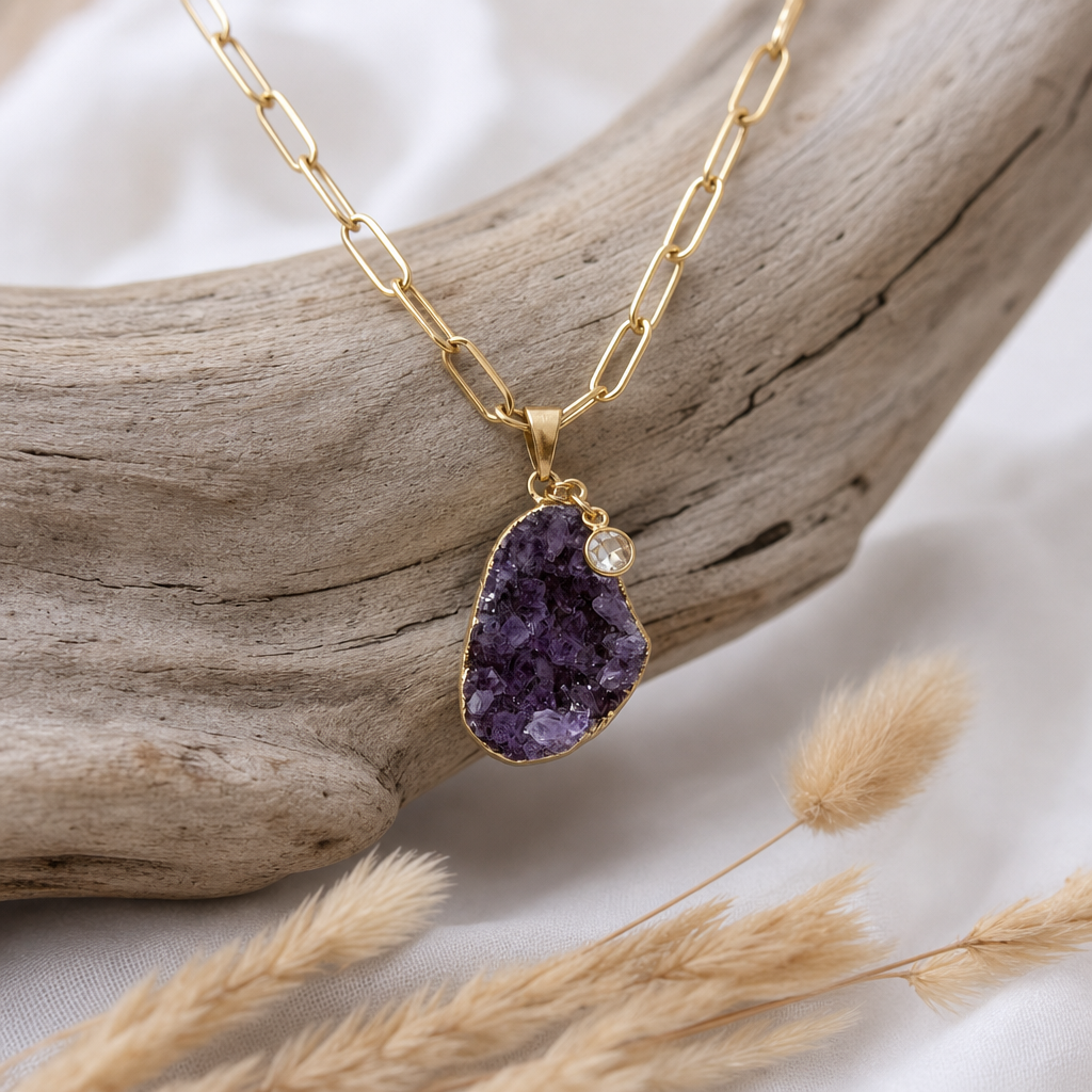 Amethyst Geode Peace Pendant Necklace