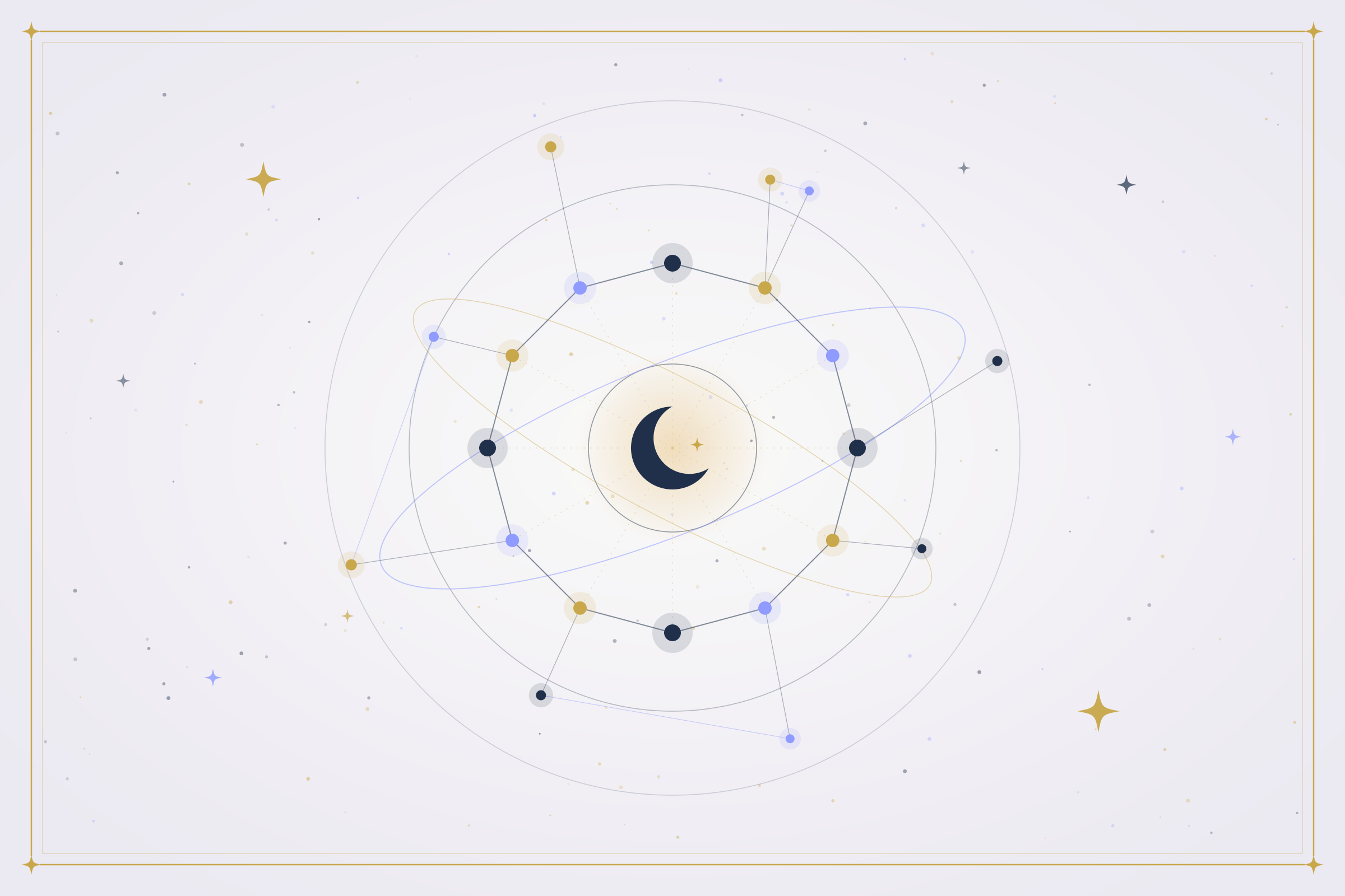 Illustration of twelve connected stars forming a circle around a crescent moon on a soft lilac background, representing an astrology community