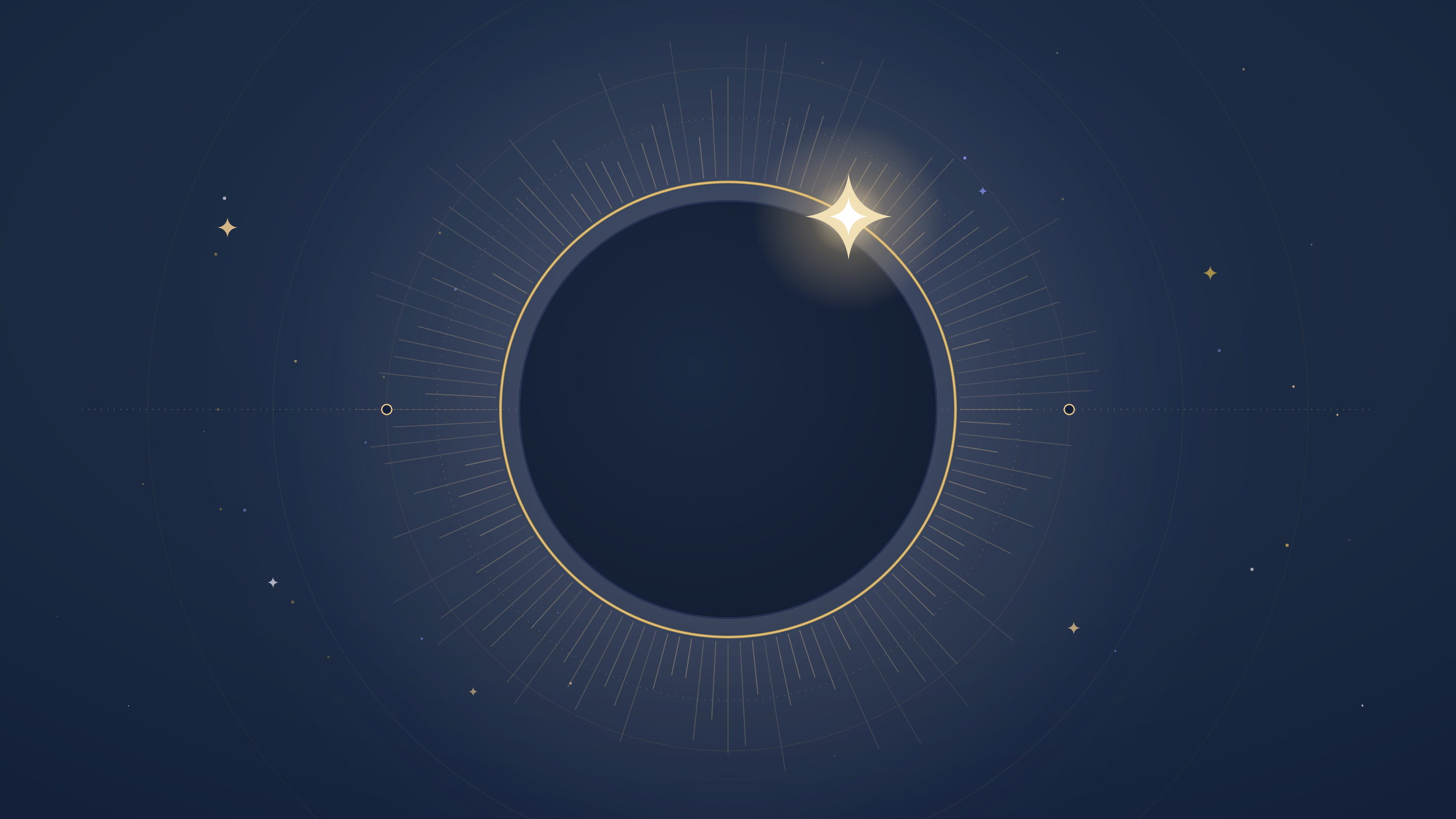 Illustration of a total solar eclipse with a golden corona on a navy sky, representing eclipses in astrology