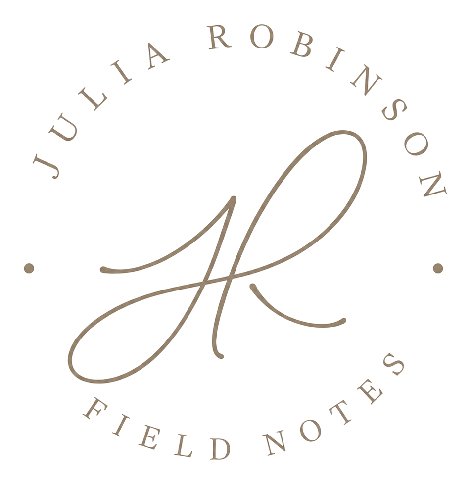 A logo featuring a large, stylized letter 'R' in the center, with the text 'Julia Robins on' curved above it and 'Field Notes' curved below, all in a light taupe color on a black background.