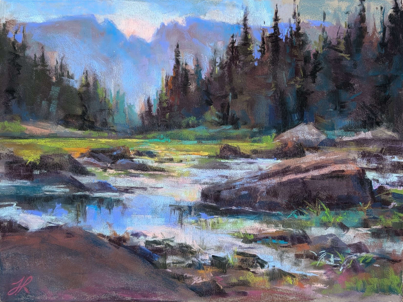 Red Rock Lake, a soft pastel landscape painting by Julia Robinson