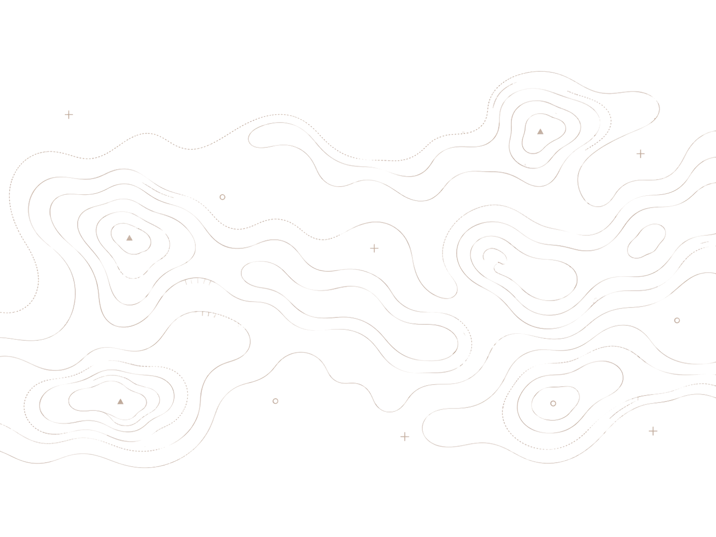 Black background with white contour lines forming abstract landmasses and small symbols scattered across.