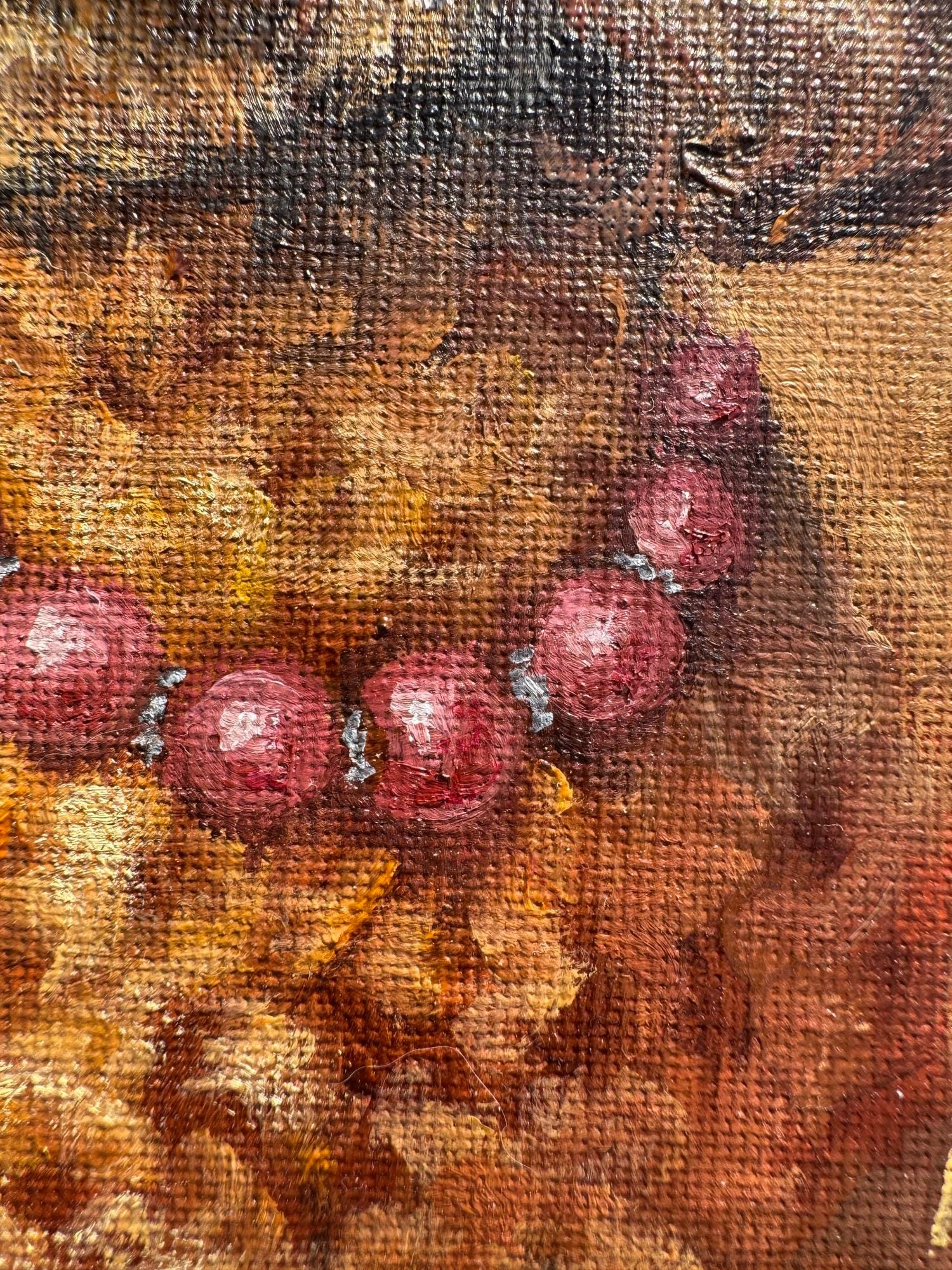 Extreme close-up of pearl necklace brushwork detail in an oil painting of a Poodle, showing canvas texture