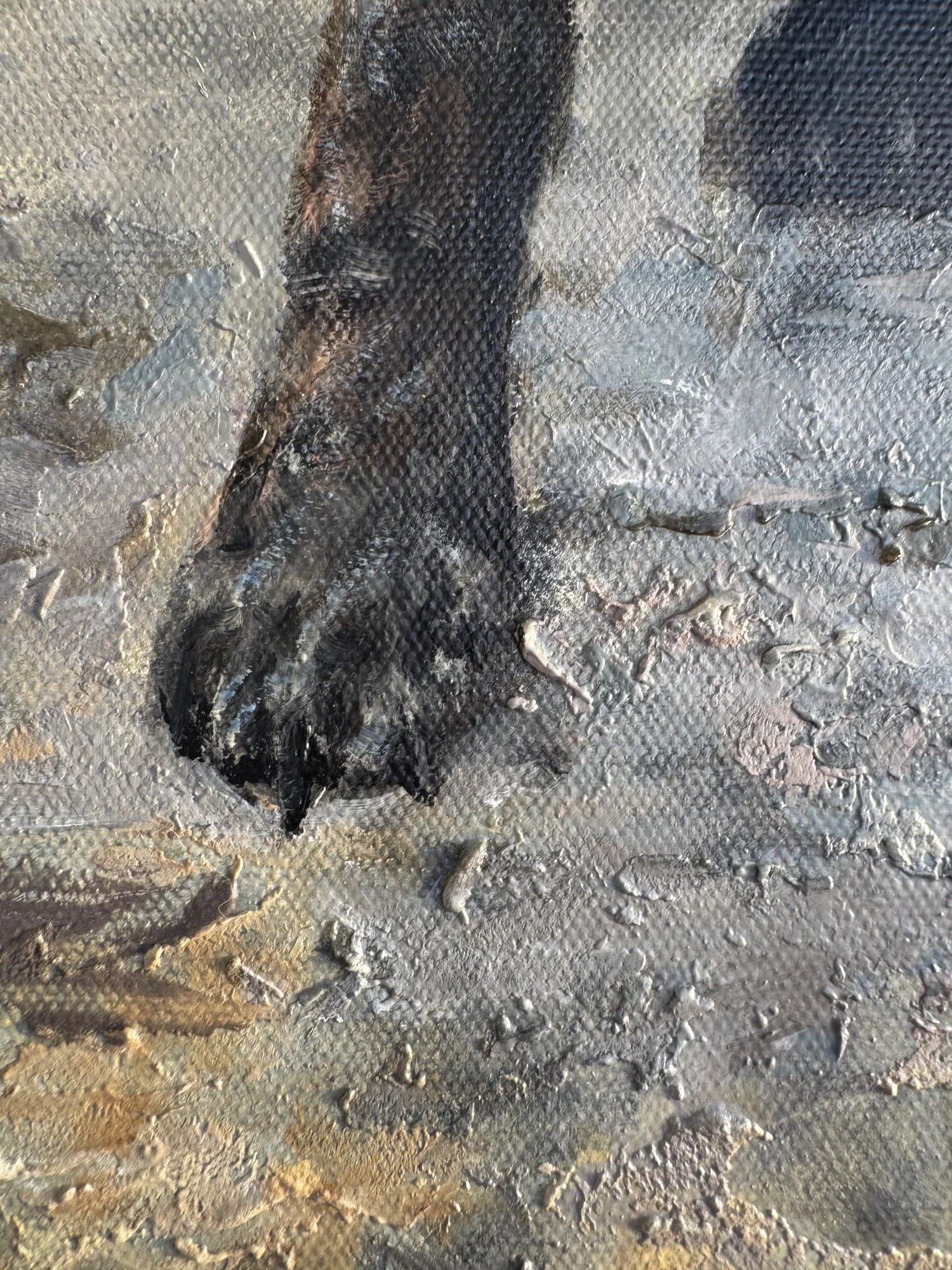 Detail of a dog's paw and brushstroke texture on gravel in an oil painting