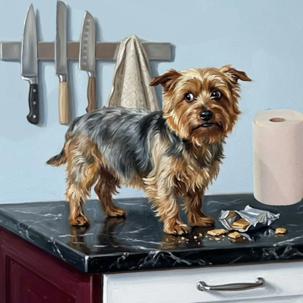 Design concept mockup of an Australian Silky Terrier on a kitchen counter, playful pet art idea
