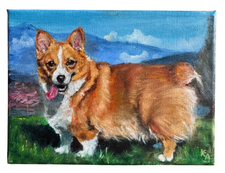 Custom oil painting of a Pembroke Welsh Corgi Dixie in a mountain landscape