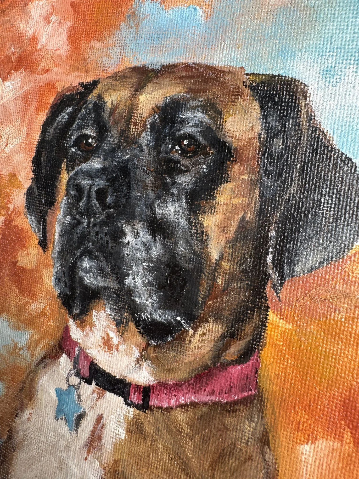Close-up oil painting of a dog's face, personalised gift art