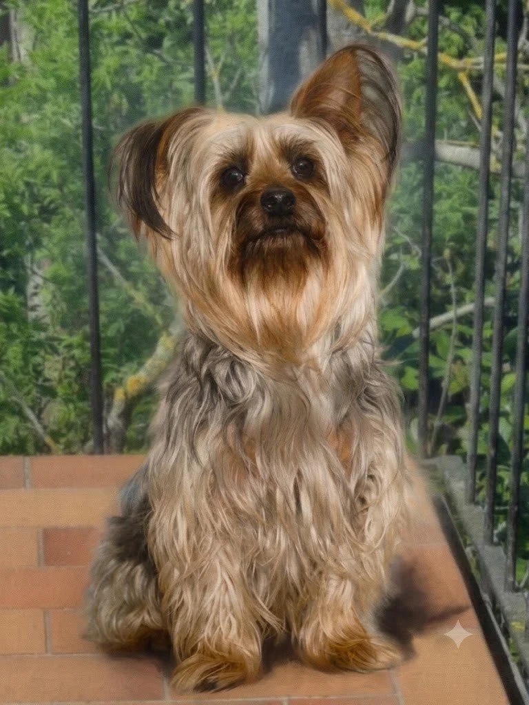 Design concept mockup of an Australian Silky Terrier portrait on a balcony setting