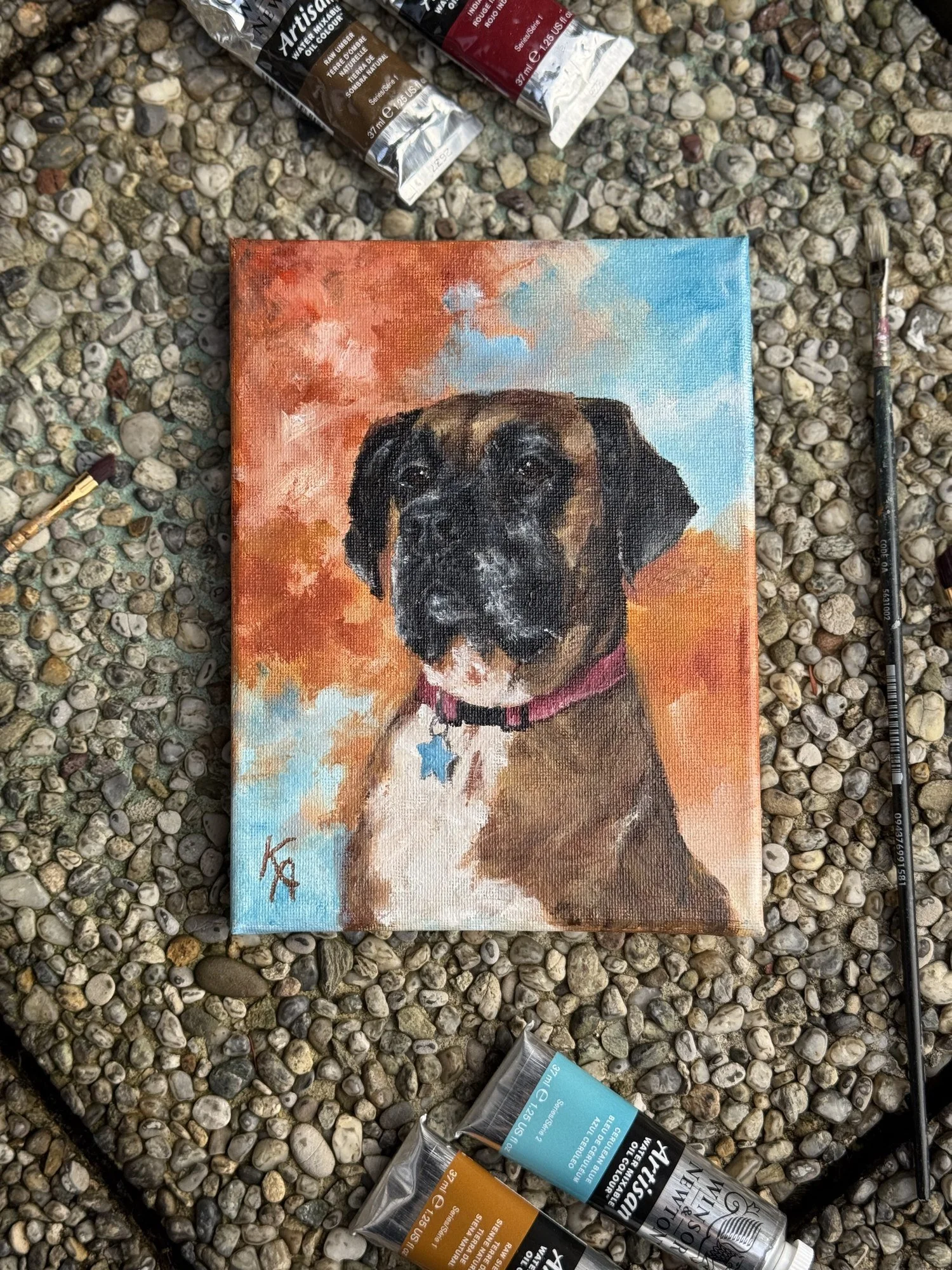 Finished oil painting portrait of a boxer dog with pink collar, orange and blue abstract background, photographed outdoors on gravel with paint brush