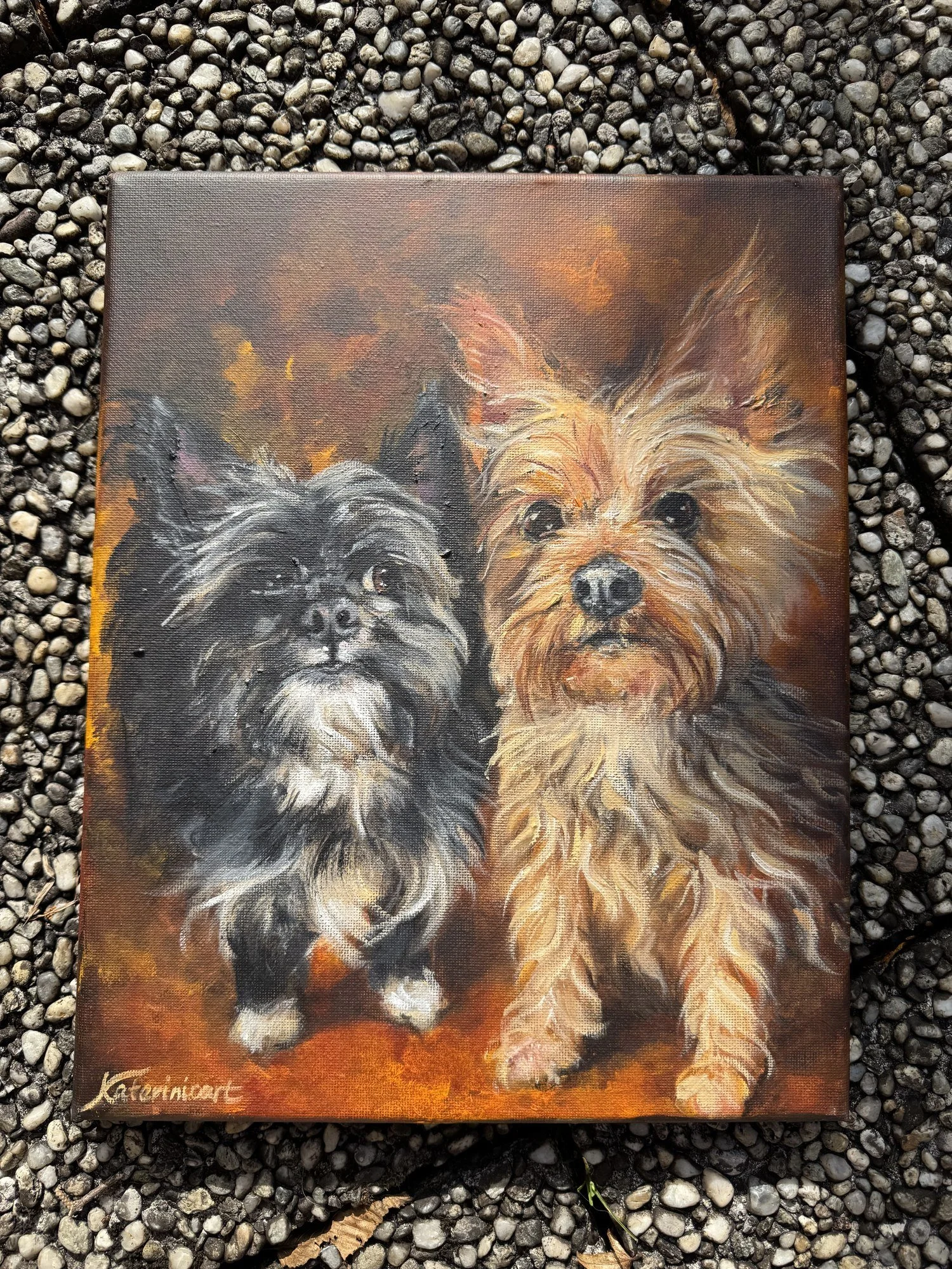 Finished oil painting of two dogs photographed outdoors, dog art, double dog portrait, artist signature Katerinicart