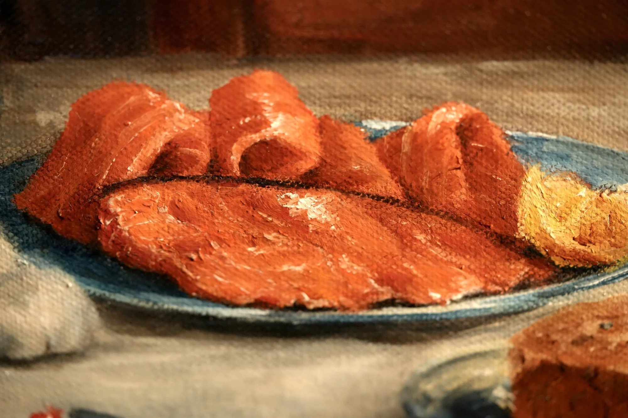 Detail of smoked salmon slices on a blue plate in a classical still-life oil painting