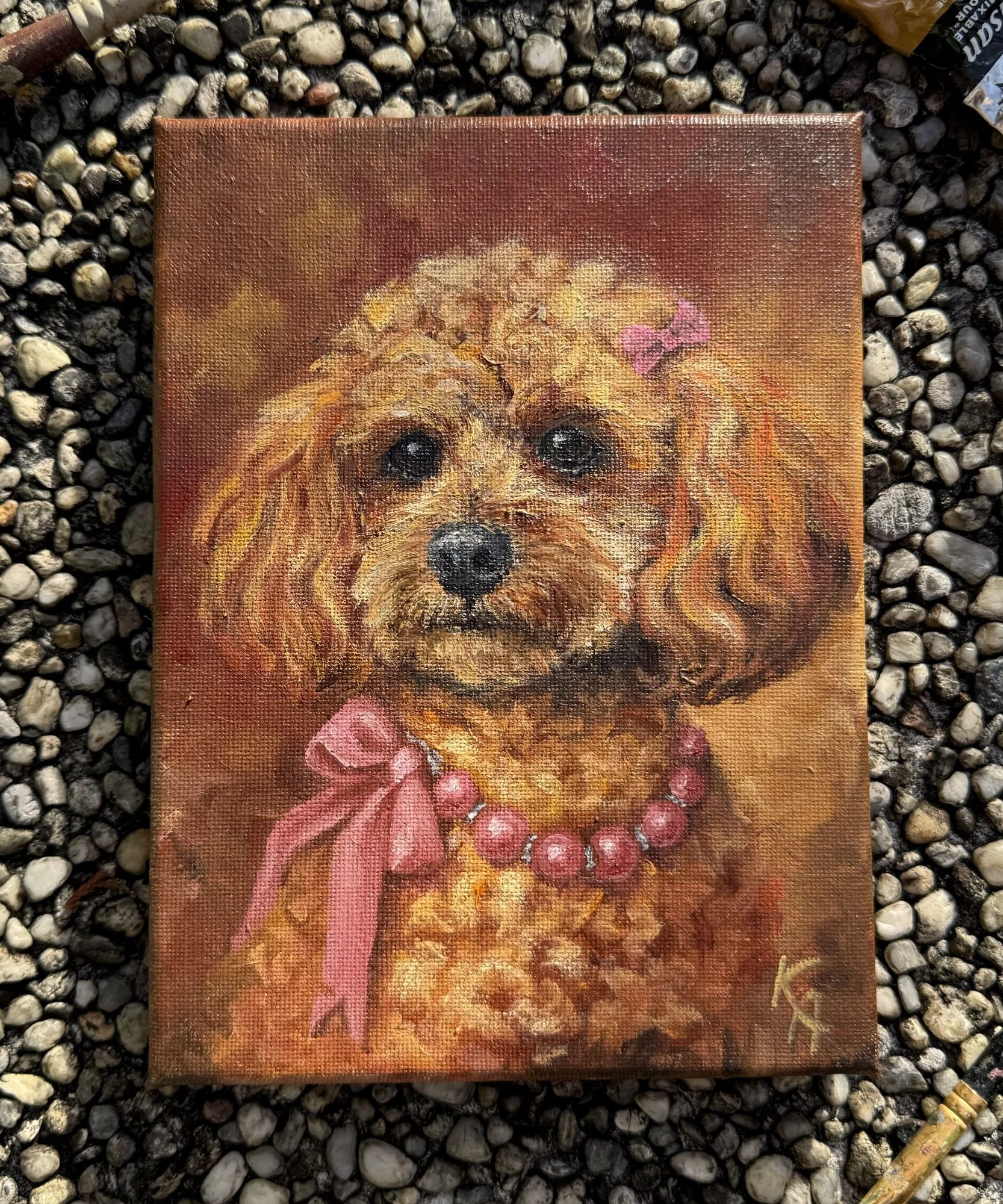 toy poodle artwork with bow and pearl detail renaissance dog portrait