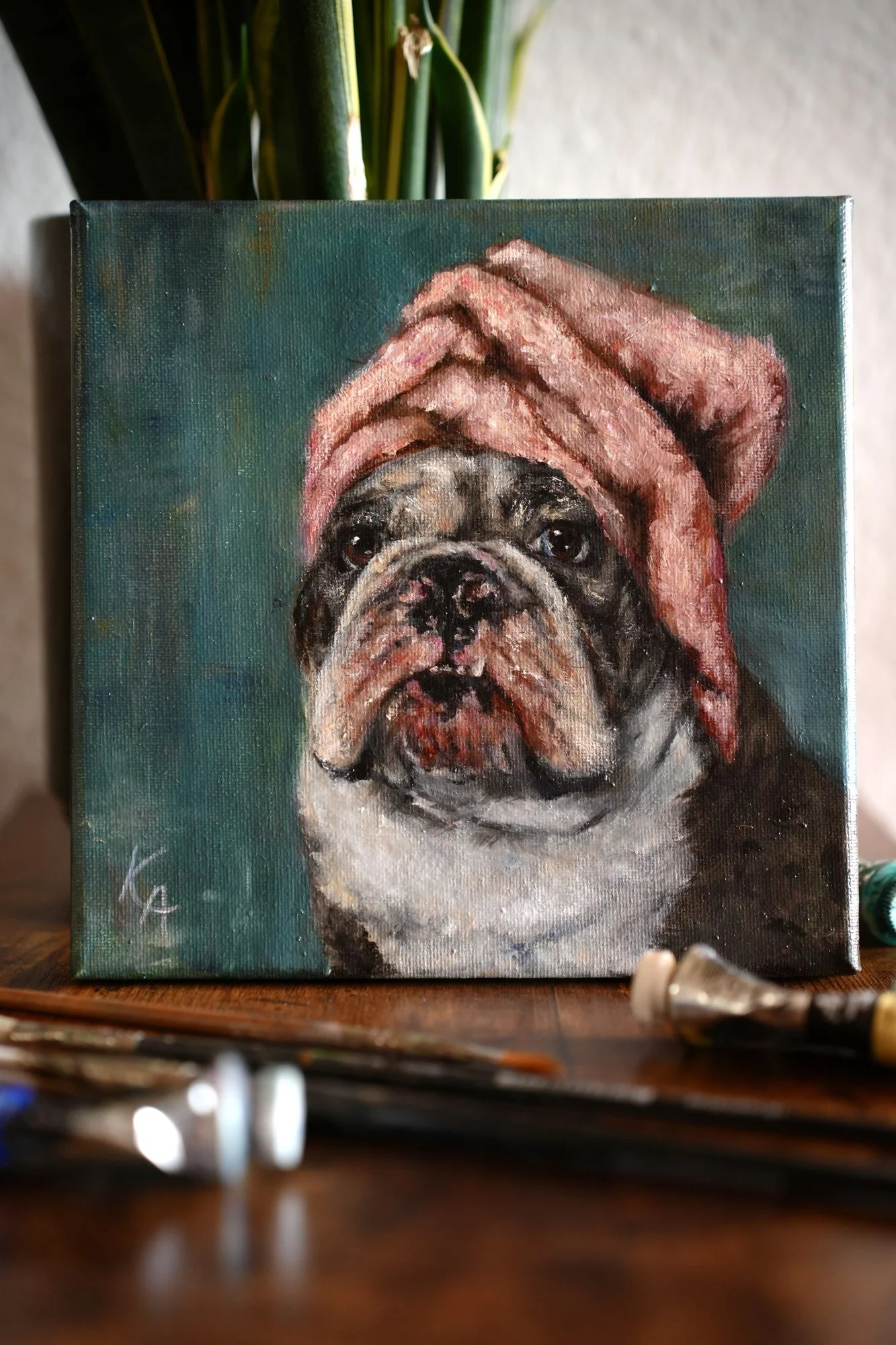 Bulldog art custom oil portrait pink towel funny pet art dog portrait