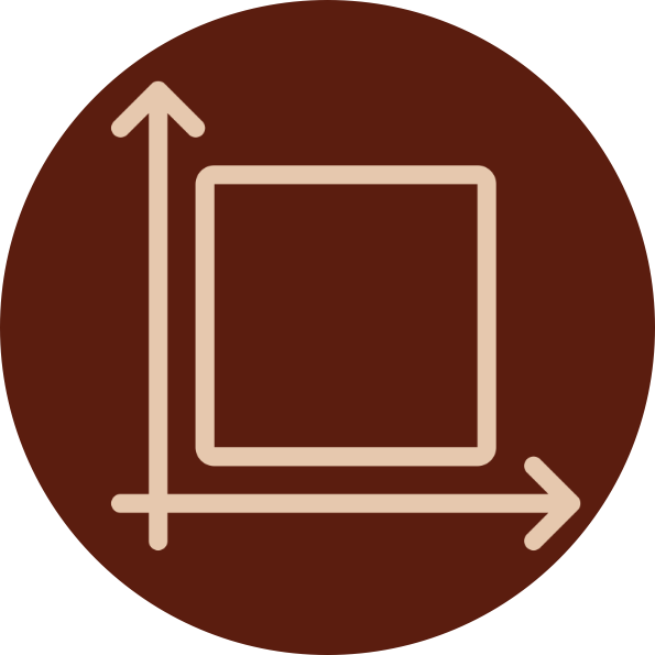 Icon of a 3D cube with arrows indicating height, width, and depth on a brown circular background.