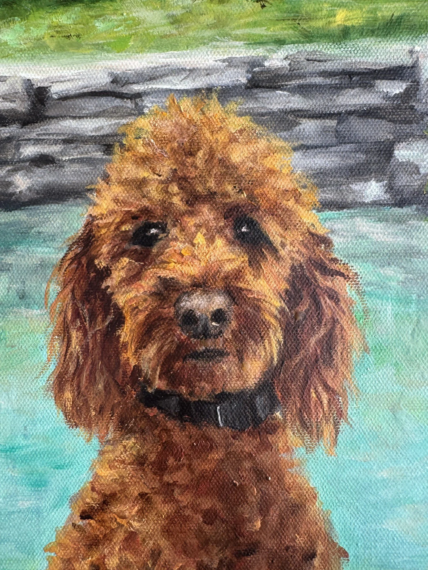 Close-up detail of a red Poodle's curly face in an oil painting, with stone wall background