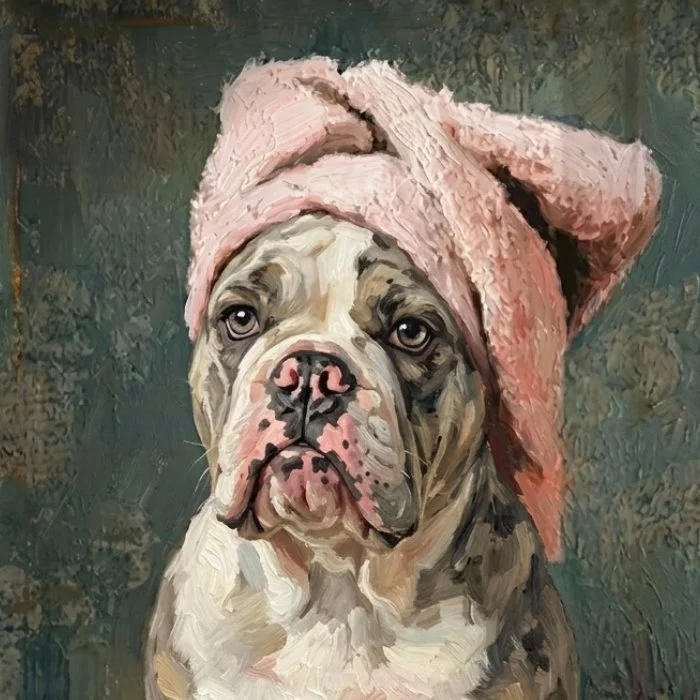 bulldog painting design idea towel on the head
