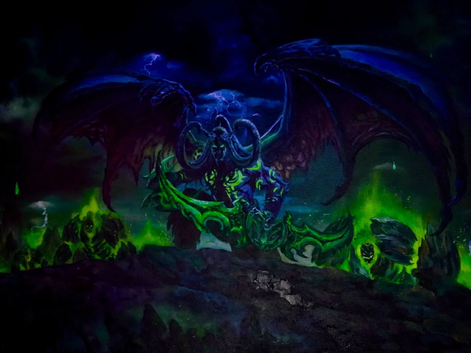 Illidan Stormrage fan art WoW Legion Art painting glow in the dark effect neon oil painting