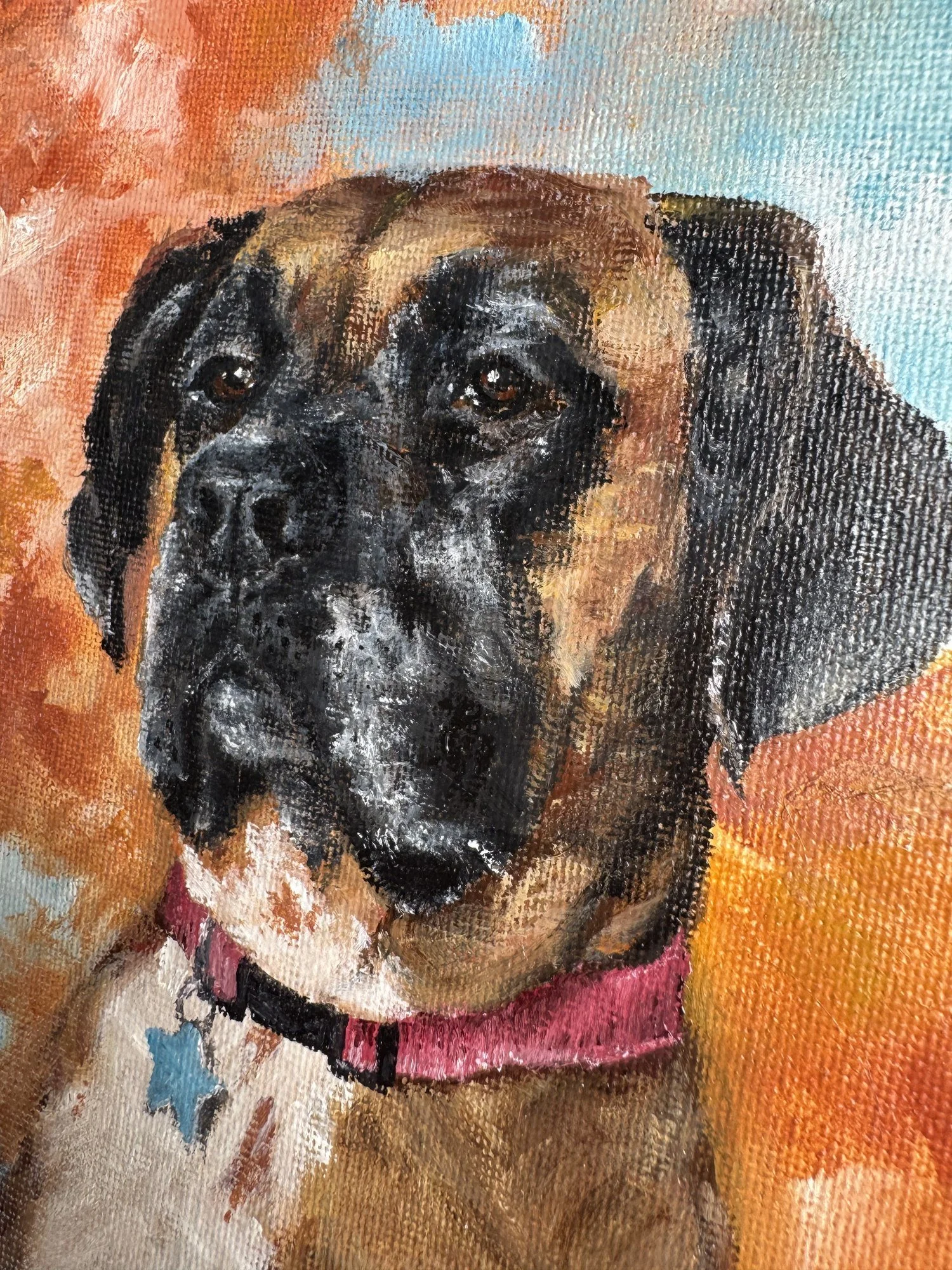 Close-up oil painting of a dog's face, personalised gift art