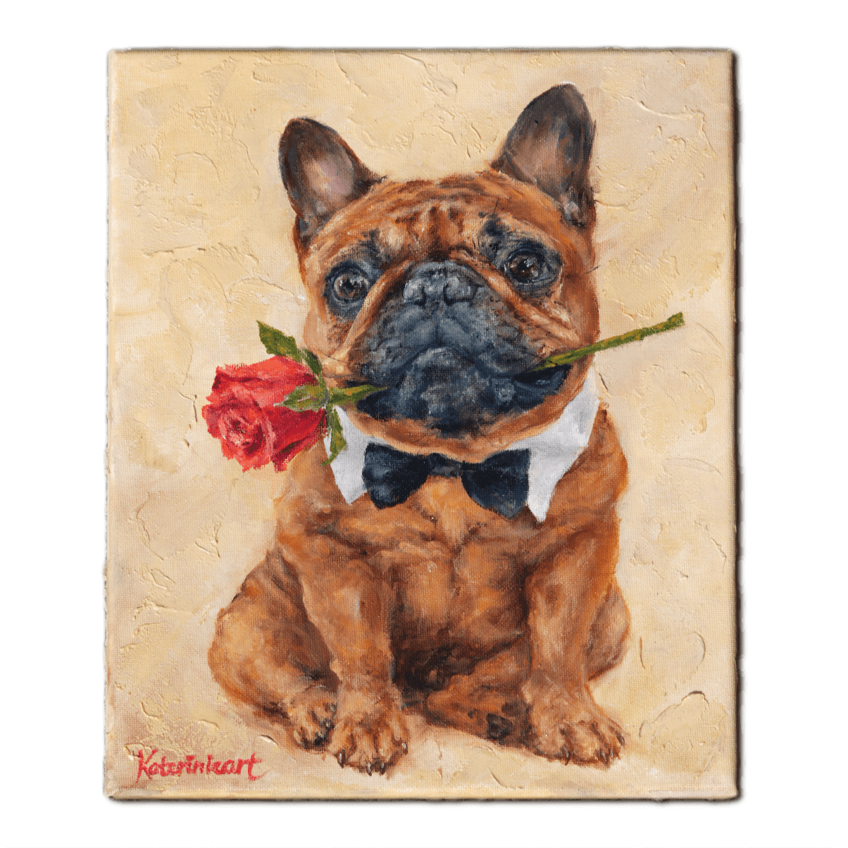 Painting of a French Bulldog wearing a black bow tie and white collar, holding a red rose in its mouth against a beige textured background.