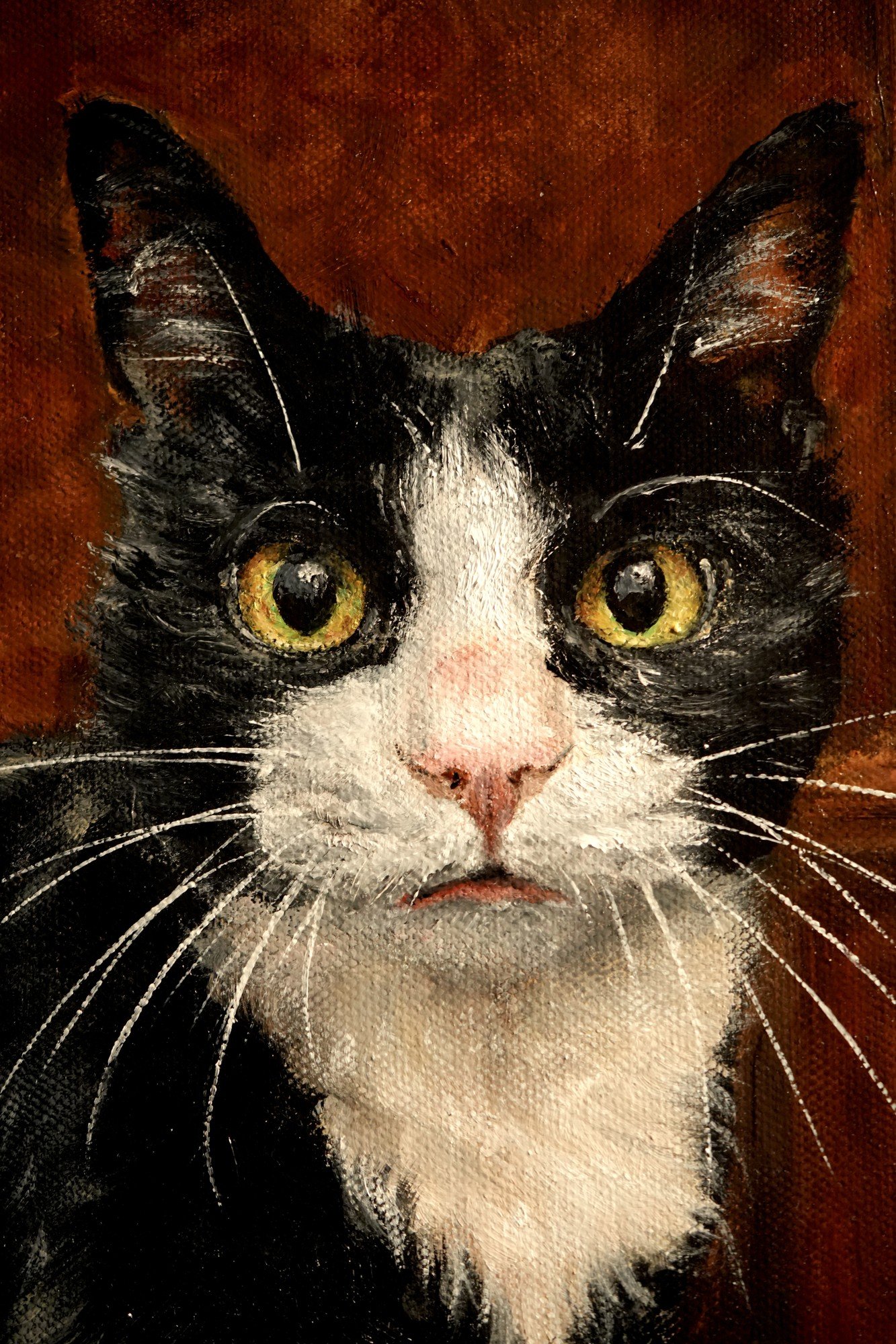 Close-up portrait of a tuxedo cat's face in an oil painting, classical still-life style with warm amber background