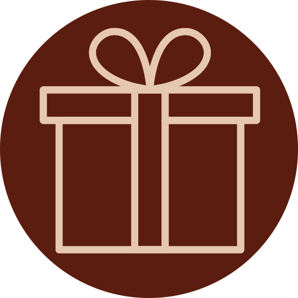 Simple line drawing of a gift box with a bow on top, inside a brown circular background.