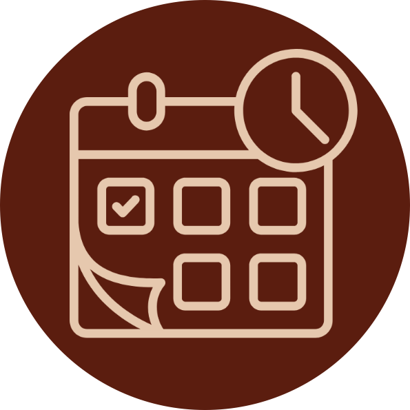 Calendar icon with checkmark on one date and clock in the upper right corner, representing scheduling or appointment planning.