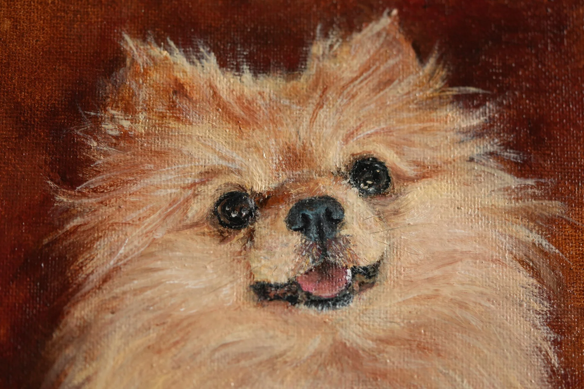 Close-up detail of a Pomeranian's face in an oil painting, showing brushwork on the eyes, nose and smiling mouth