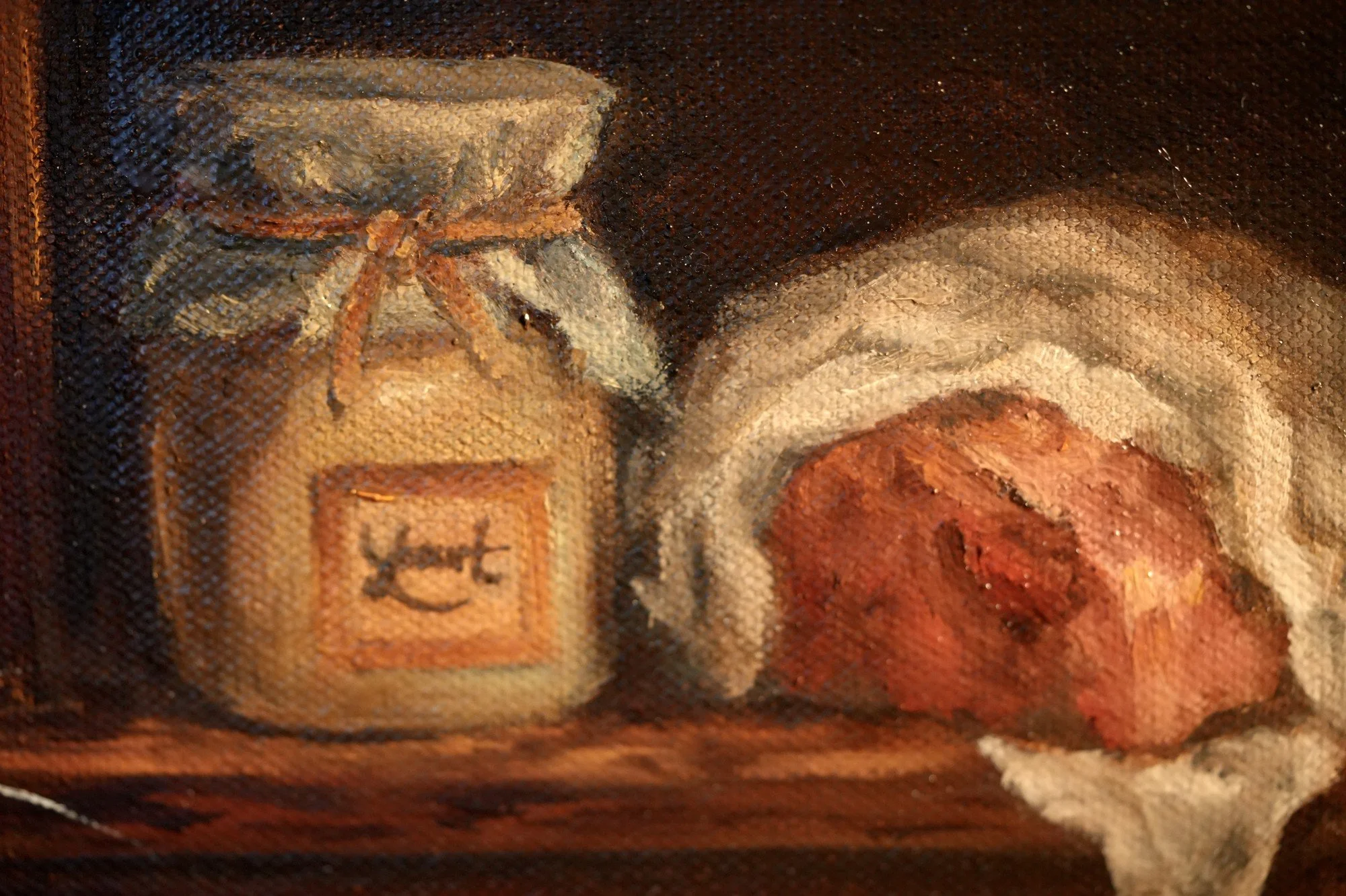 Detail of a labeled jar and wrapped ham on a shelf in a classical oil painting still life