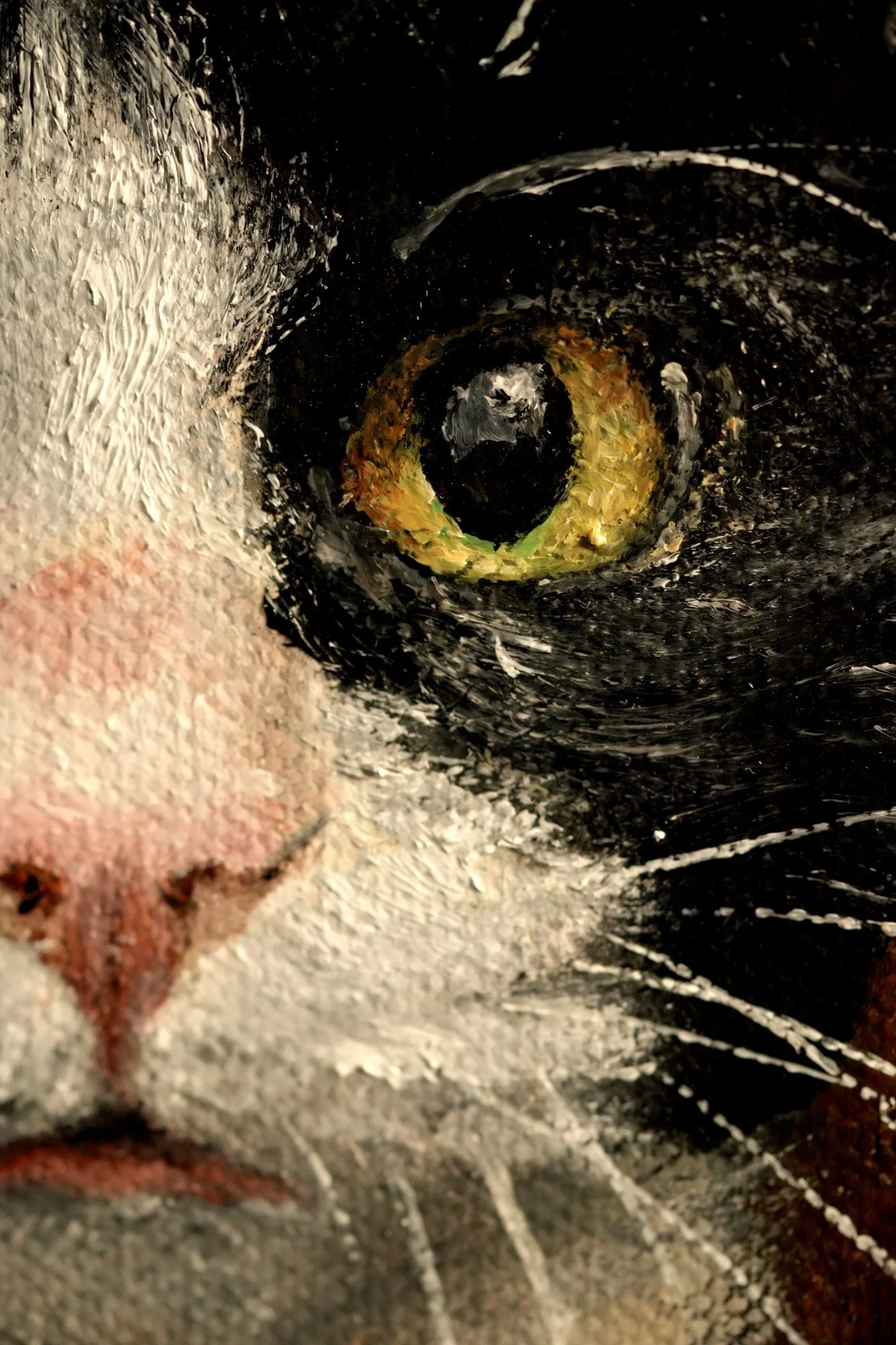 Extreme close-up of a cat's green eye in an oil painting, showing fine brushwork