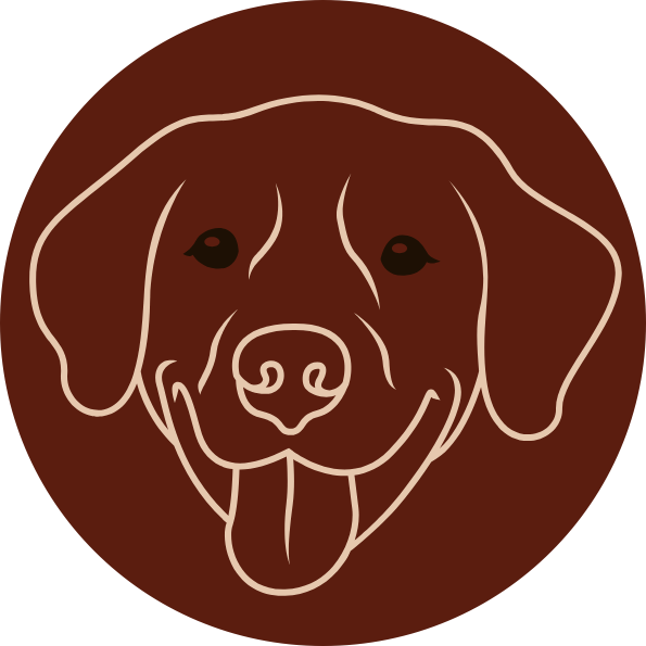 Line drawing of a happy dog's face with its tongue out on a brown circular background.