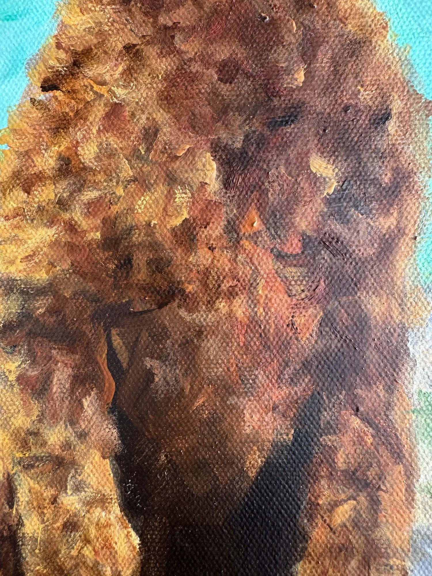 Extreme close-up of curly fur brushwork texture in a Poodle oil painting