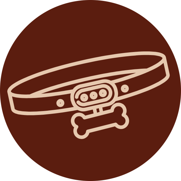 Illustration of a dog collar with a bone-shaped tag on a brown circular background.