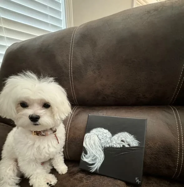 Maltese with his portrait dog oil painting