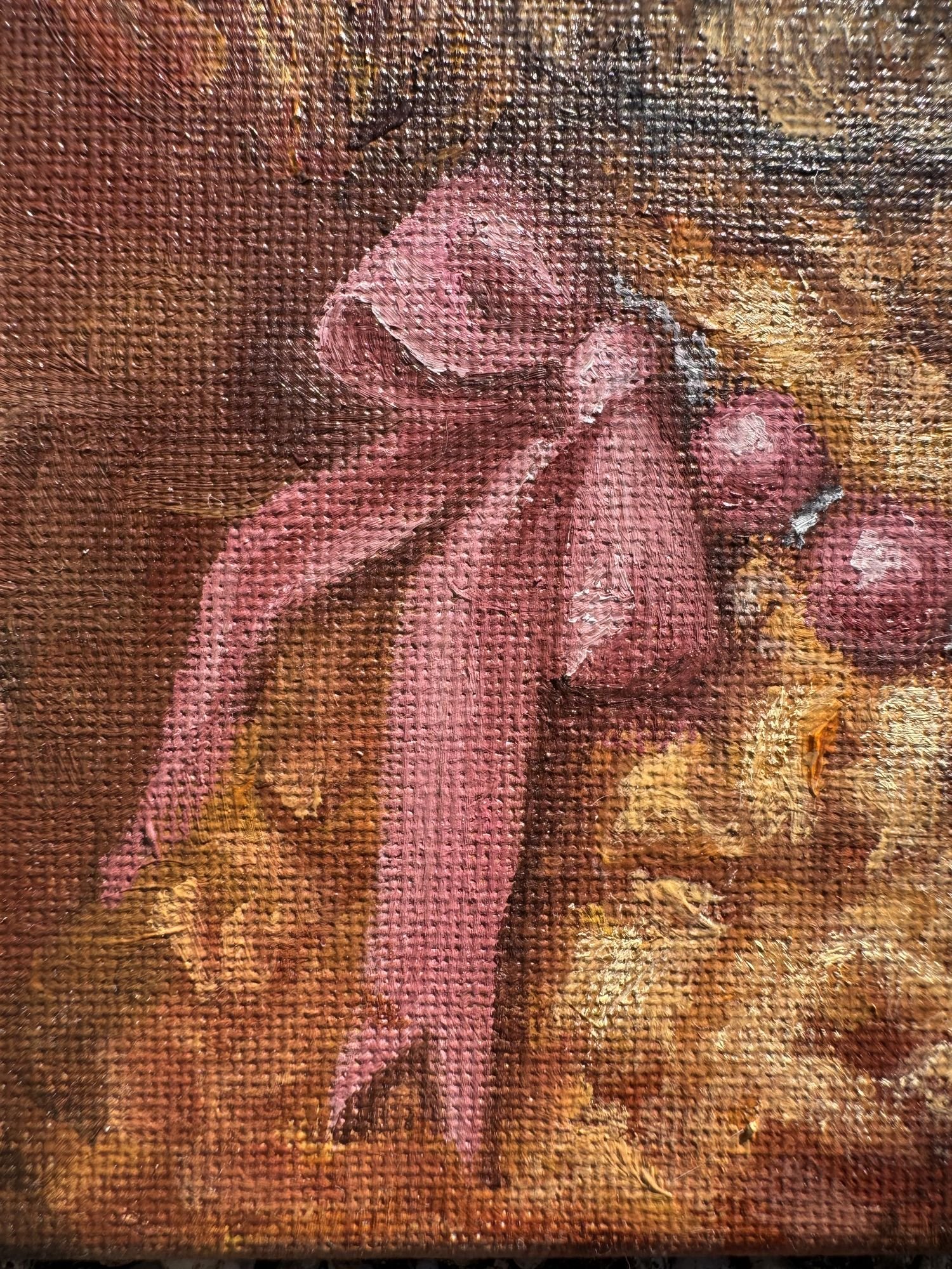 Extreme close-up of a pink bow brushstroke detail in an oil painting of a Poodle, showing canvas texture