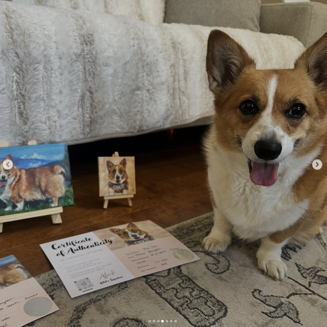 Corgi with her portrait dog oil painting