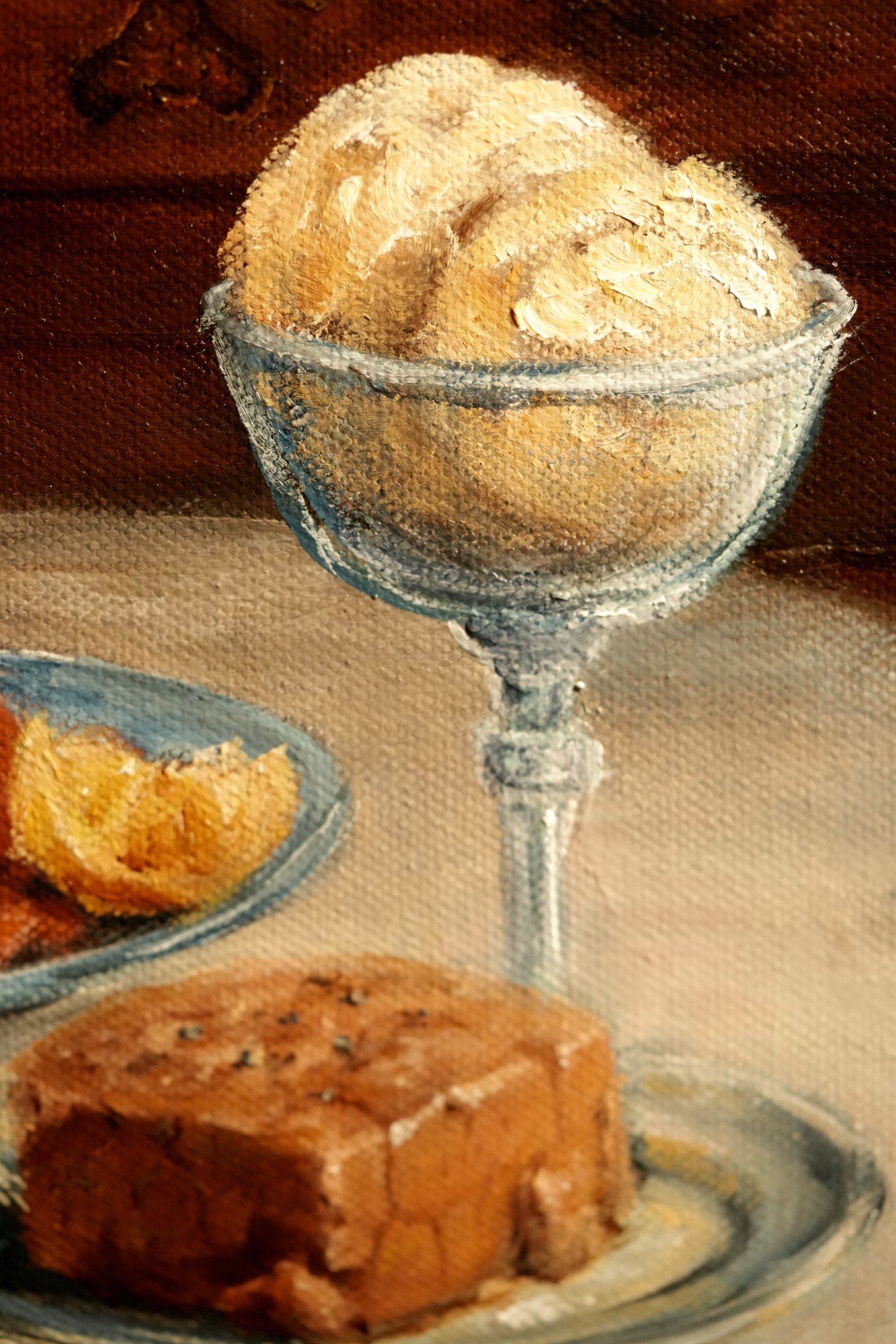 Detail of ice cream in a glass coupe and a slice of foie gras in an oil painting still life